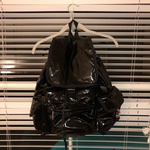 shiny black backpack